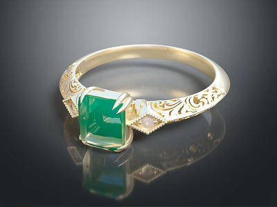 Elegant Gold Ring With Square Green Gemstone And Intricate Carvings Design 3d model