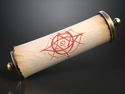 Ancient Scroll With Red Star Pattern And Golden End Decorations On Dark Background 3d model