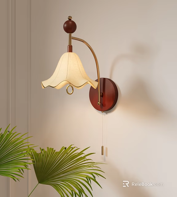 Modern Wall Lamp With Wooden Base Metal Arm White Scalloped Shade And Green Palm Plant 3d model 