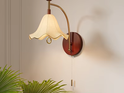 Modern Wall Lamp With Wooden Base Metal Arm White Scalloped Shade And Green Palm Plant 3d model