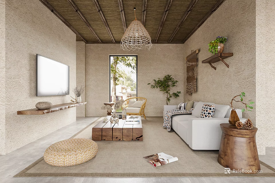Rustic Living Room Interior Design With Wooden Ceiling Hanging Lamp White Sofa And Indoor Plants 3d model 
