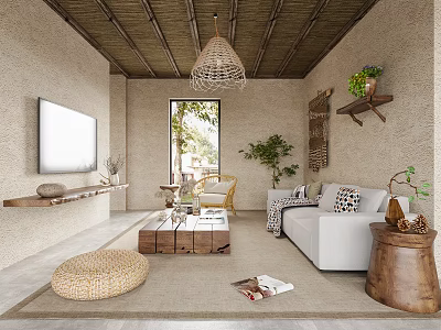 Rustic Living Room Interior Design With Wooden Ceiling Hanging Lamp White Sofa And Indoor Plants 3d model