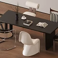 Modern Dining Table Set With Dark Surface And Mixed Design Chairs On Wooden Floor
