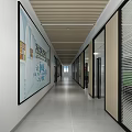 Modern Office Corridor With Large Posters Glass Doors And Ceiling Light Strips 3d model