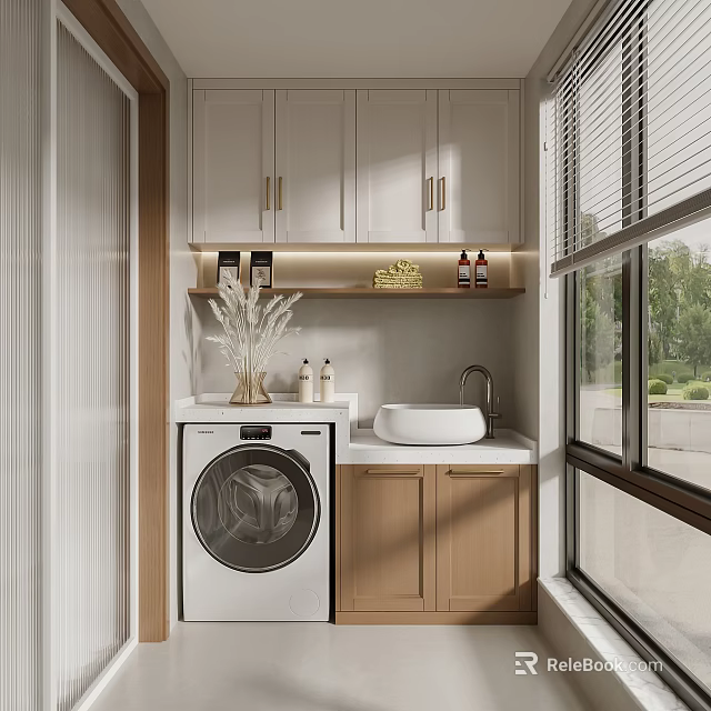 Home Balcony Interior With Washing Machine Sink White Wooden Cabinets Window Blinds And Green View 3d model 