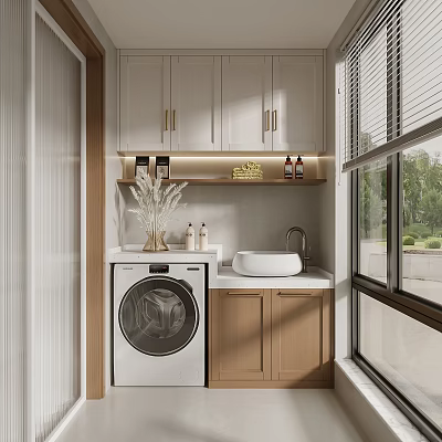 Home Balcony Interior With Washing Machine Sink White Wooden Cabinets Window Blinds And Green View 3d model