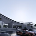Modern Circular Sales Office Building With Central Courtyard Trees And Water Feature