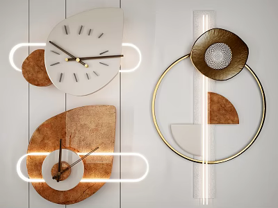 Modern Decorative Wall Clocks With Geometric Shapes Gold Metal Frames And Wooden Accents 3d model