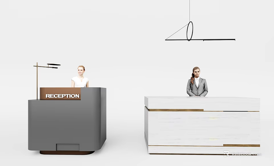 Modern Reception Desks With Gray And White Wooden Design Featuring Staff And Hanging Chandelier 3d model 