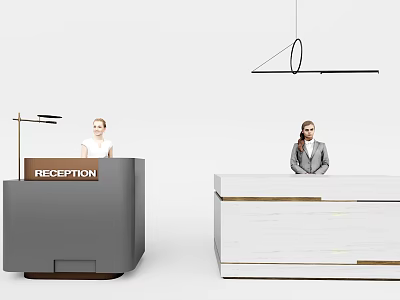 Modern Reception Desks With Gray And White Wooden Design Featuring Staff And Hanging Chandelier 3d model