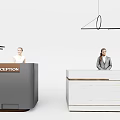 Modern Reception Desks With Gray And White Wooden Design Featuring Staff And Hanging Chandelier