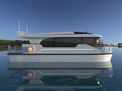 Modern Luxury Yacht Featuring Spacious Deck Glass Windows And Calm Water Reflection 3d model