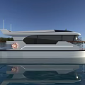 Modern Luxury Yacht Featuring Spacious Deck Glass Windows And Calm Water Reflection