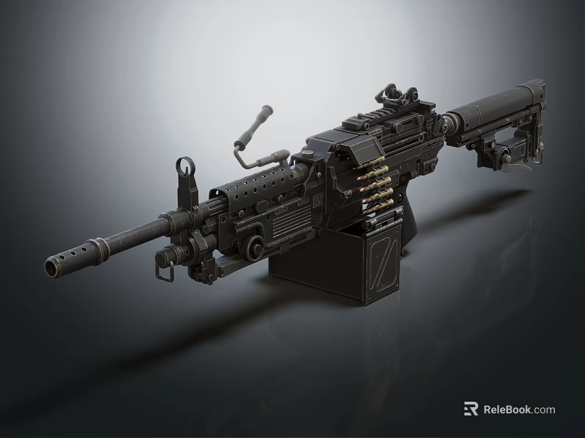 Black Mechanical Machine Gun With Long Barrel Ammunition Belt And Mount 3d model 