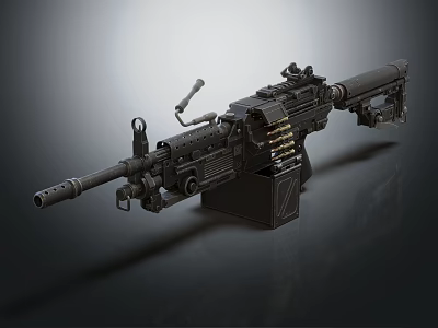 Black Mechanical Machine Gun With Long Barrel Ammunition Belt And Mount 3d model