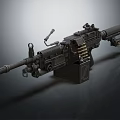 Black Mechanical Machine Gun With Long Barrel Ammunition Belt And Mount