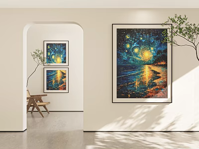 Starry Night And Sea Surface Oil Paintings With Yellow Light Reflections In Modern Interior 3d model