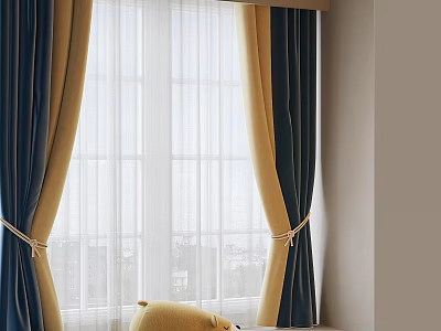 Elegant Blue And Yellow Window Curtains With White Sheer And Tiebacks 3d model