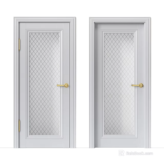 Swing Doors Interior Design With White Frame Diamond Pattern Glass And Gold Door Handle 3d model 