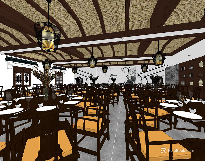 Traditional Chinese Banquet Hall with Decorative Ceiling Pendant Lights and Wooden Tables 3d model 
