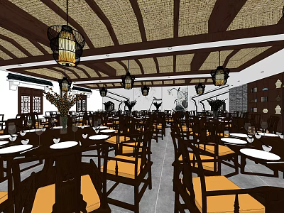 Traditional Chinese Banquet Hall with Decorative Ceiling Pendant Lights and Wooden Tables 3d model