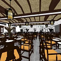 Traditional Chinese Banquet Hall with Decorative Ceiling Pendant Lights and Wooden Tables