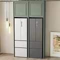 Modern Kitchen Fridge Freezer With White And Gray Doors And Green Cabinets