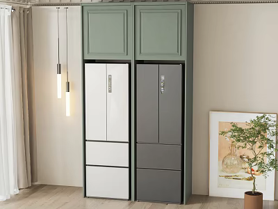 Modern Kitchen Fridge Freezer With White And Gray Doors And Green Cabinets 3d model
