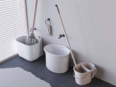 Practical Bathroom Accessories Set With White Buckets Mop Broom And Towel Ring 3d model
