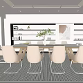 Modern Conference Room Interior with Long Table Beige Chairs Bookshelves and Wall Painting