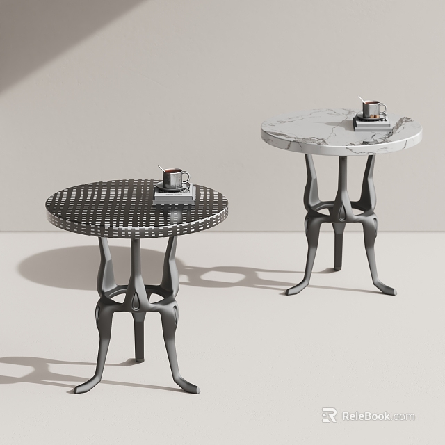 Modern Round Side Tables With Checkered And Marble Tops And Metal Bases 3d model 