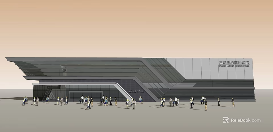 Contemporary Building Exterior With Glass Curtain Wall And Pedestrians Walking Around 3d model 