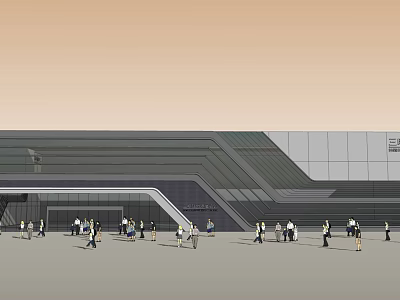 Contemporary Building Exterior With Glass Curtain Wall And Pedestrians Walking Around 3d model