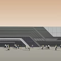 Contemporary Building Exterior With Glass Curtain Wall And Pedestrians Walking Around