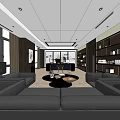 Modern Office Interior With Black Sofas Coffee Table Bookshelves And Large Windows 3d model