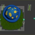 Mushroom Shaped Wooden Lamp Post With Blue Cap Yellow Spots Glowing Particles And Green Grass