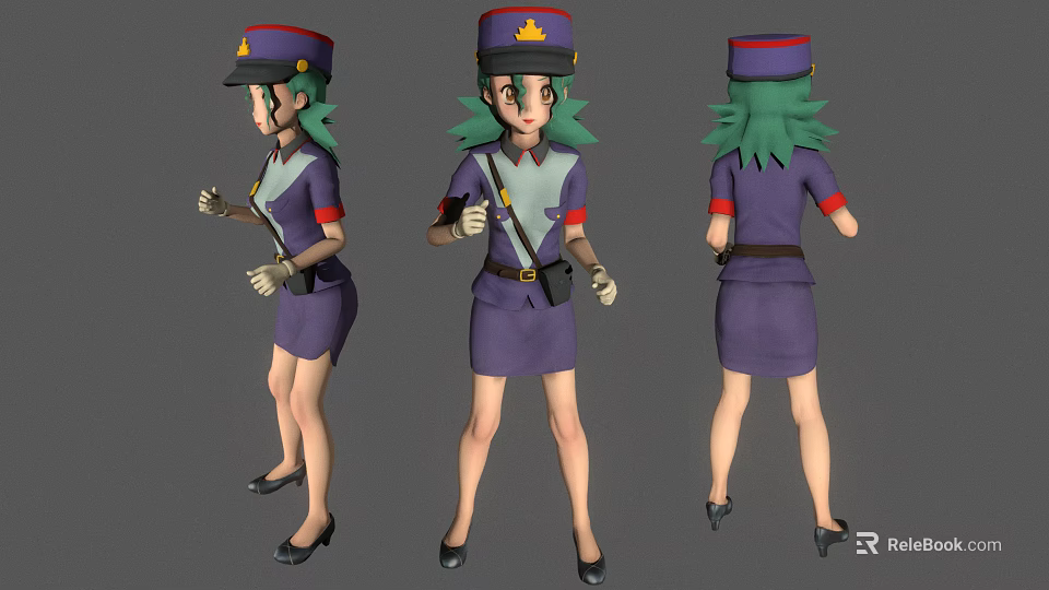 3D Female Character Model with Green Hair Purple Uniform Hat Red Cuffs and White Gloves 3d model 