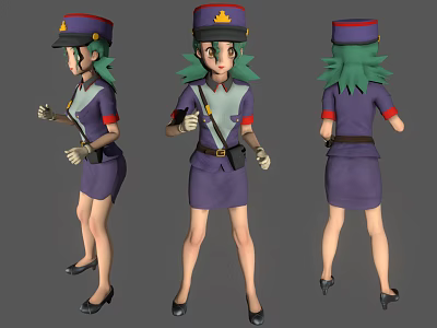 3D Female Character Model with Green Hair Purple Uniform Hat Red Cuffs and White Gloves 3d model
