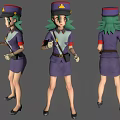 3D Female Character Model with Green Hair Purple Uniform Hat Red Cuffs and White Gloves