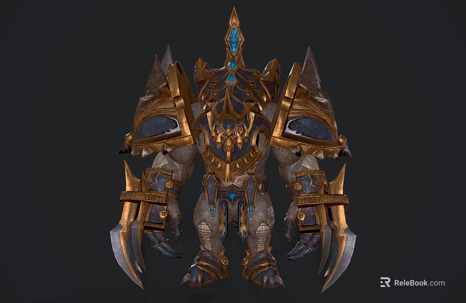 Game Movie Fantasy Warrior Character With Golden Blue Spiked Armor Clawed Weapons And Mythical Design 3d model 