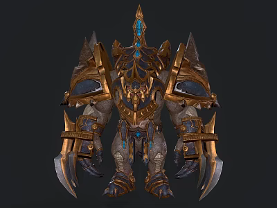 Game Movie Fantasy Warrior Character With Golden Blue Spiked Armor Clawed Weapons And Mythical Design 3d model