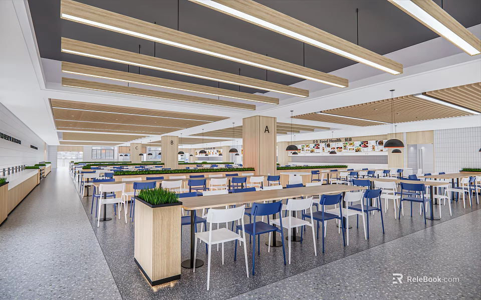 Modern Restaurant Interior Design With Wooden Ceiling Beams Tables Chairs Plant Decorations And Gray Floor 3d model 