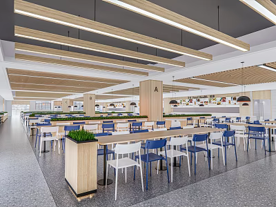 Modern Restaurant Interior Design With Wooden Ceiling Beams Tables Chairs Plant Decorations And Gray Floor 3d model