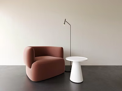 Pink Curved Sofa And White Round Coffee Table With Floor Lamp Light Wall Dark Floor 3d model