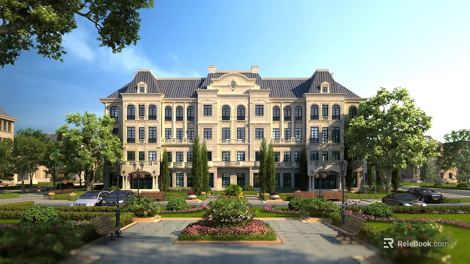 Elegant French Villa Surrounding Garden Landscape With Lush Greenery Colorful Flowers Smooth Pavement And Benches 3d model 