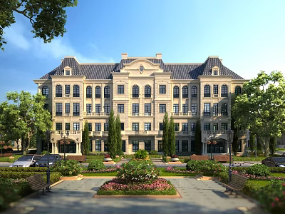 Elegant French Villa Surrounding Garden Landscape With Lush Greenery Colorful Flowers Smooth Pavement And Benches 3d model