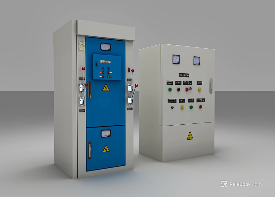Industrial Control Panels With Blue Gray And White Cabinets Buttons Indicators And Warning Signs 3d model 