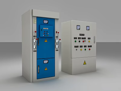 Industrial Control Panels With Blue Gray And White Cabinets Buttons Indicators And Warning Signs 3d model