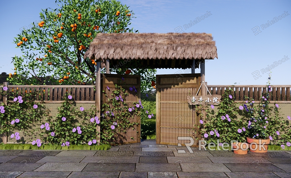 New Chinese Other Landscape Small Architecture Chinese Country Courtyard Door Homestay Garden Small Courtyard Door Morning glory Climbing Vine Plant Trumpet Flower Teng Man Flower Garden Enclosed Courtyard Door model