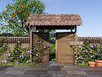 New Chinese Other Landscape Small Architecture Chinese Country Courtyard Door Homestay Garden Small Courtyard Door Morning glory Climbing Vine Plant Trumpet Flower Teng Man Flower Garden Enclosed Courtyard Door 3d model